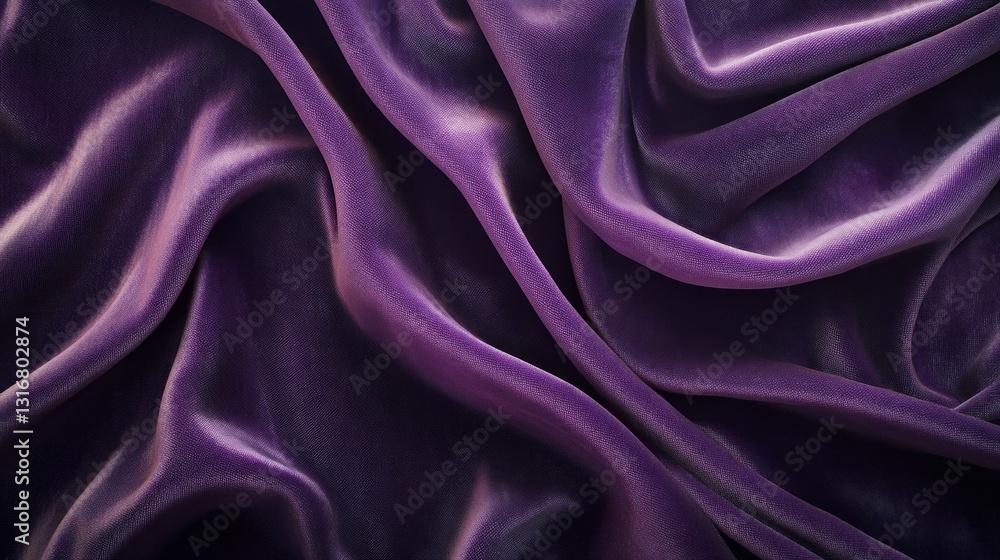 Fototapeta premium Deep purple cloth flows gracefully, highlighting its luxurious texture and subtle sheen. The fabric folds create a captivating visual rhythm in a soft, ambient light