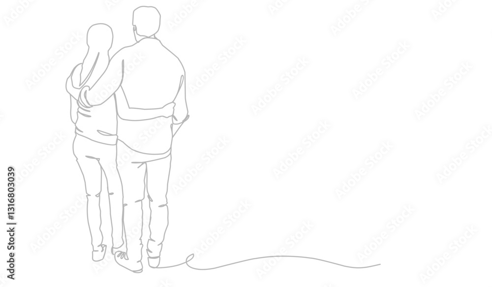 loving couple standing - continuous line drawing. Romantic couple walking together holding hands continuous line vector illustration. loving couple standing - continuous line drawing. Romantic couple walking together holding hands continuous line vector illustration.