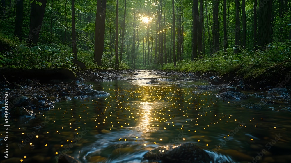 Fototapeta premium Synchronized fireflies illuminate the forest at dusk near the Great Smoky Mountains