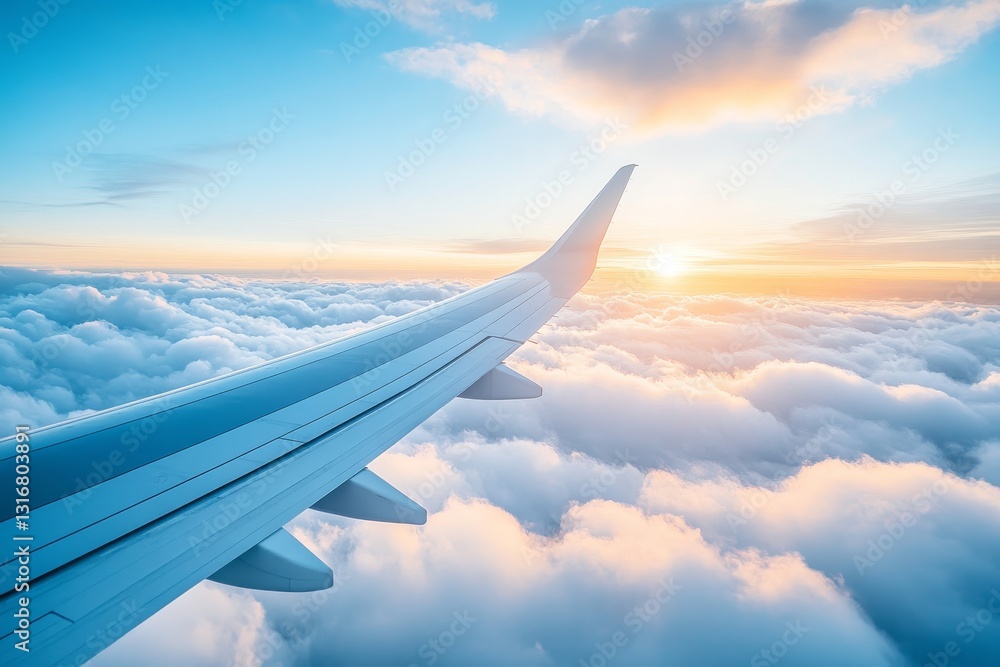 Obraz premium Aerial View of Airplane Wing Overlooking Clouds and Sunset Sky