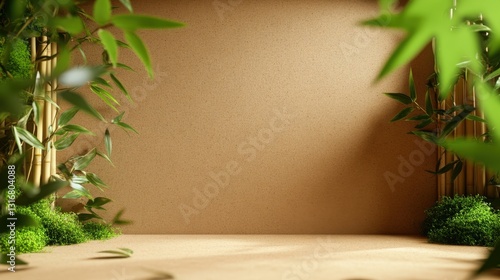 Recycled cardboard surface with earthy brown background, soft ambient lighting, and centered empty area accented by green moss and bamboo, emphasizing sustainability and eco-friendliness