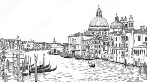 Venetian Canal Scene: Gondolas and Architecture - Line drawing of gondolas on a Venetian canal, with detailed architecture including a large domed church. Classic black and white illustration