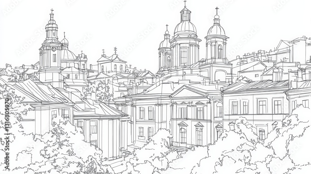 Vilnius Cityscape Line Drawing - Single line drawing of Vilnius old town architecture, symbolizing history, heritage, urban landscape, culture, and tourism Vilnius Cityscape Line Drawing - Single line drawing of Vilnius old town architecture, symbolizing history, heritage, urban landscape, culture, and tourism