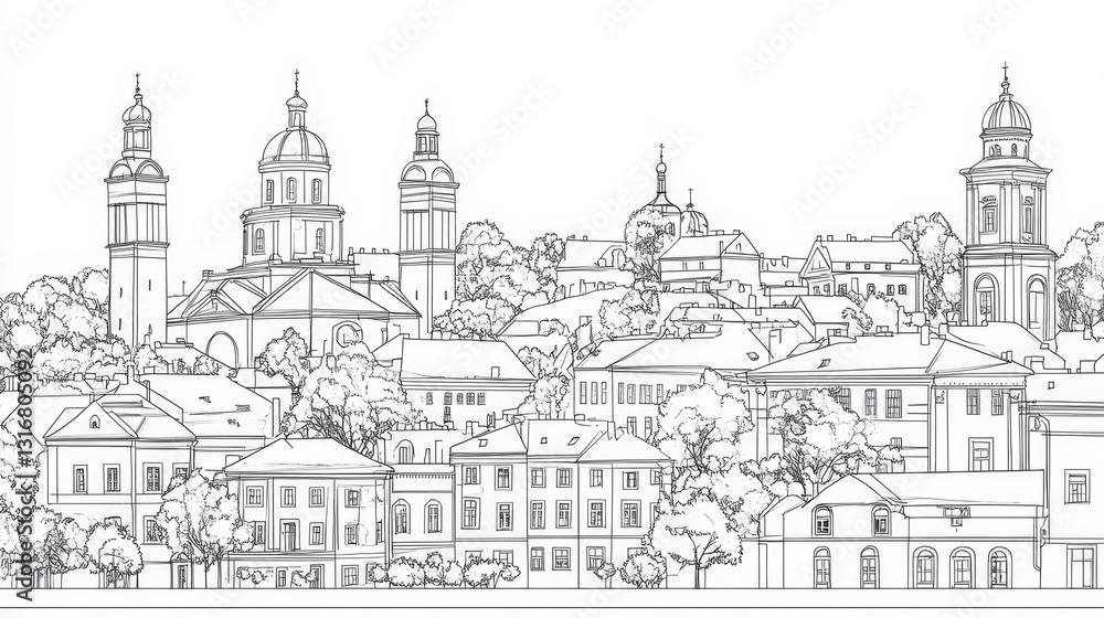 Vilnius Lithuania Cityscape Line Art Coloring Page - Single line drawing of Vilnius, Lithuania city skyline, symbolizing architecture, history, culture, tourism, and urban landscape Vilnius Lithuania Cityscape Line Art Coloring Page - Single line drawing of Vilnius, Lithuania city skyline, symbolizing architecture, history, culture, tourism, and urban landscape