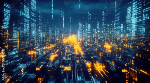 Futuristic Cityscape at Night with Blurry Lights, Bright Colors and Abstract Patterns Representing Digital Advancement and Urban Development