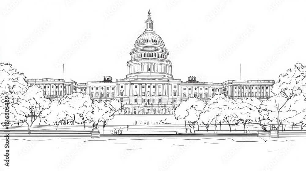 Obraz premium Washington D.C Capitol Building Line Art Coloring Page - Single line drawing of the US Capitol building in Washington D.C., symbolizing government, architecture, history, patriotism