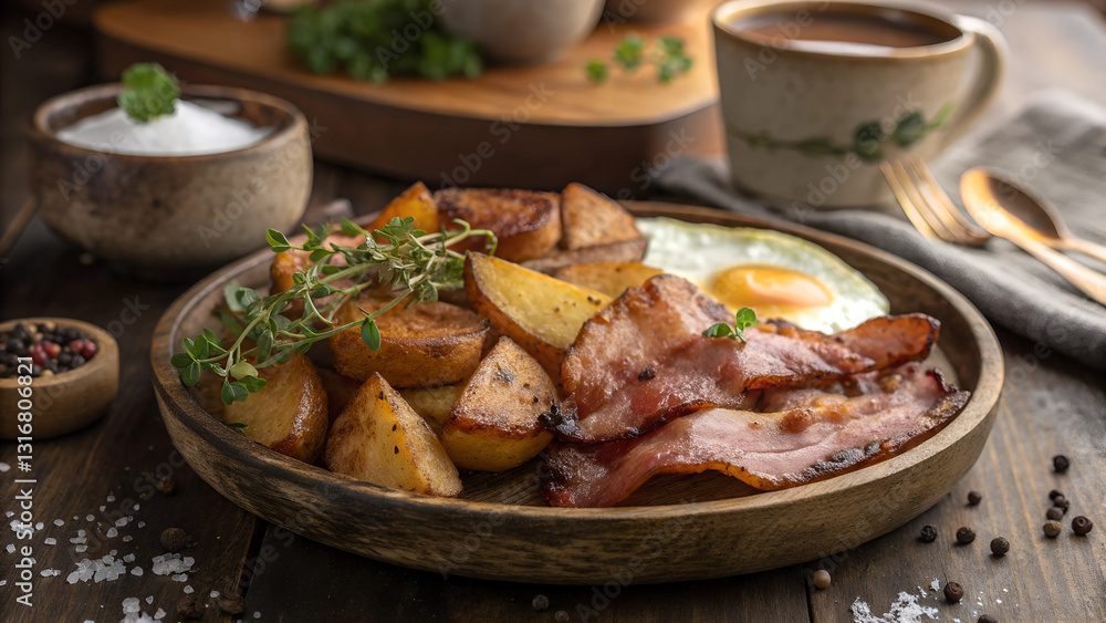 Hearty Irish breakfast with bacon, potatoes, and fried egg Hearty Irish breakfast with bacon, potatoes, and fried egg