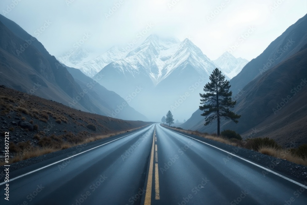 Fototapeta premium Asphalt road disappearing into a misty valley with majestic snow-capped mountains in the background, a solitary pine tree stands beside the highway