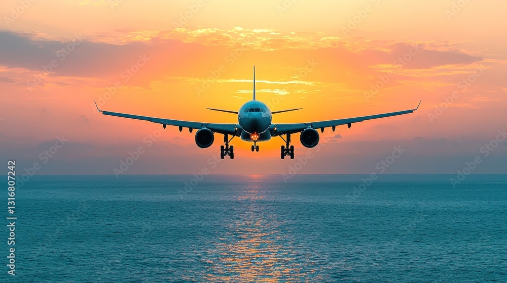 Airplane Approaching Landing Over Ocean at Sunset in Vibrant Colors Airplane Approaching Landing Over Ocean at Sunset in Vibrant Colors