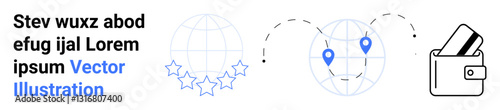 Globe with location markers, travel paths, wallet with cards, five stars rating. Ideal for global navigation, geolocation, financial transactions, ecommerce travel reviews technology. Landing page