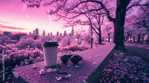 Wallpaper Mural Coffee and headphones on a bench during a beautiful sunrise with pink blossoms and a city skyline in the background. Seamless looping time lapse animation video background, lo-fi art. Torontodigital.ca