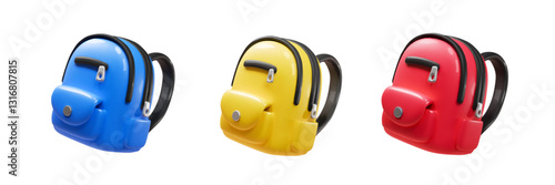 Set of childish school backpacks and schoolbags different colors. Cartoon realistic kids bag. Closed student backpack set. Schoolchildren rucksack Vector illustration collection