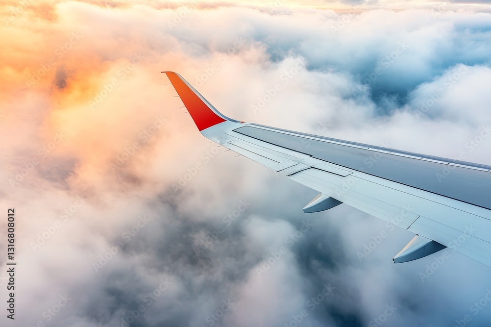 Fototapeta premium Airplane Wing Above Colorful Clouds During Beautiful Sunset