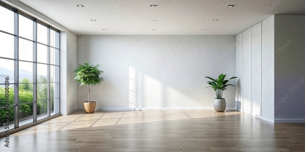 Fototapeta premium Sunlight streams through expansive windows into a minimalist, bright room featuring hardwood floors and potted plants