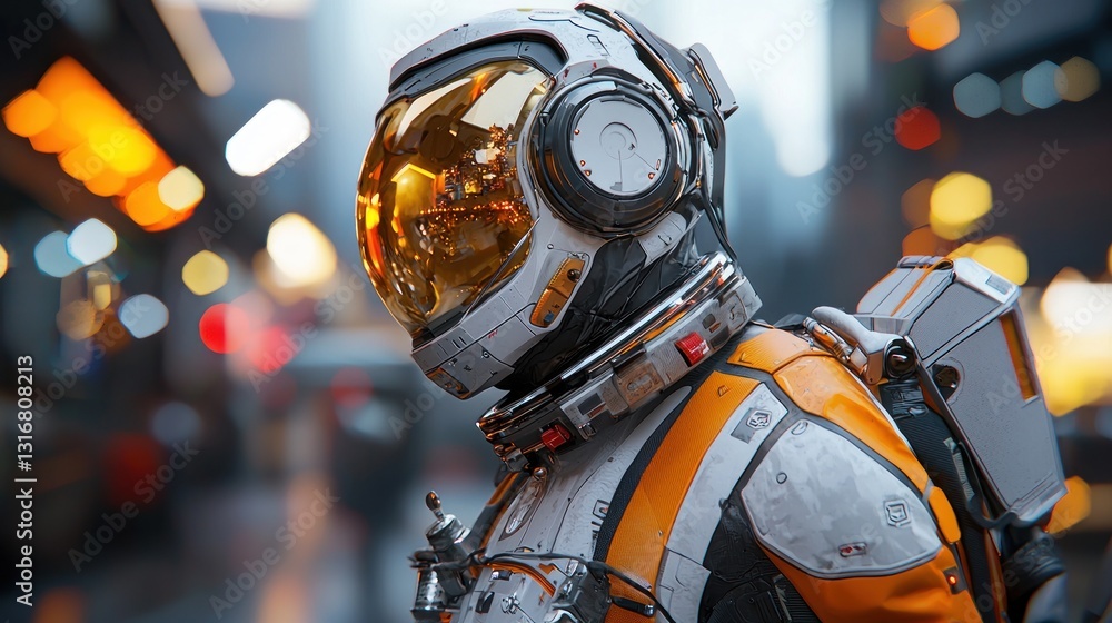 Fototapeta premium Astronaut in City: Futuristic Spacesuit Exploration