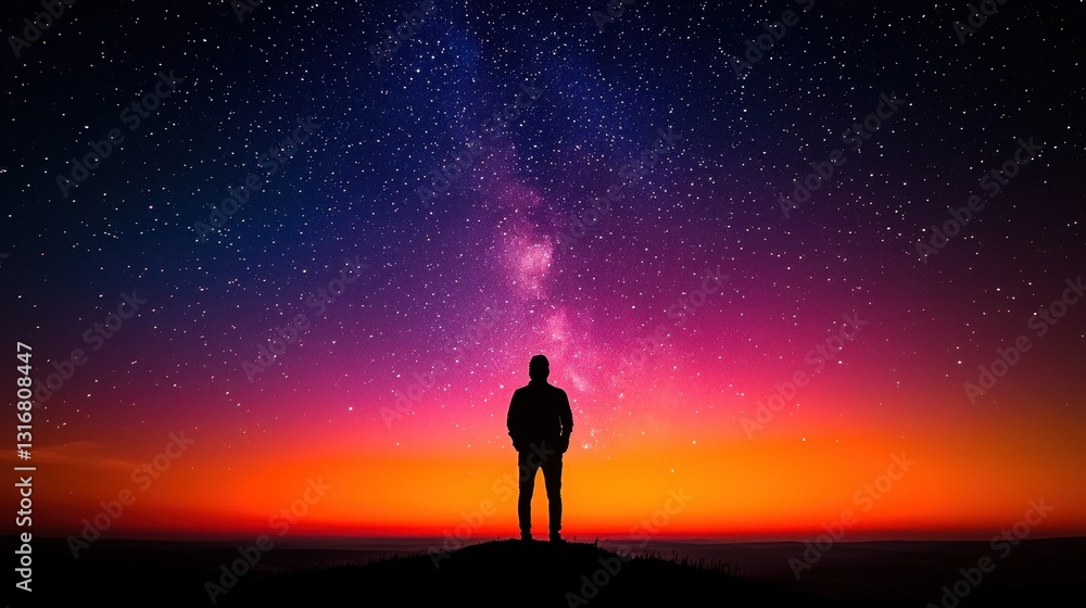 Fototapeta premium Silhouetted Figure Against a Stunning Starry Night Sky at Dusk