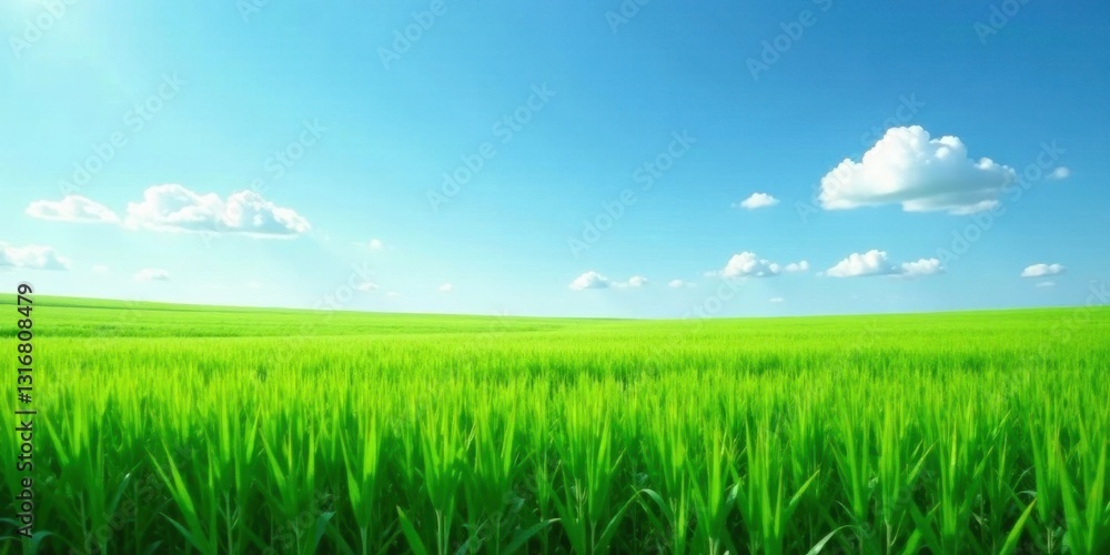 Obraz premium Serene Landscape of Vibrant Green Field Under a Sunny Sky with Fluffy White Clouds