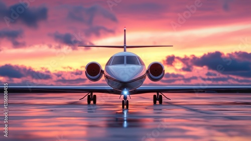 Luxurious Private Jet on Runway Against Stunning Sunset Sky