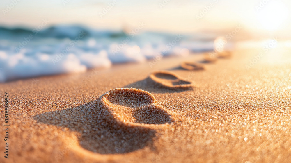 Close up shot of sandy footprints leading to ocean, capturing serene moment at beach. gentle waves and warm sunlight create peaceful atmosphere Close up shot of sandy footprints leading to ocean, capturing serene moment at beach. gentle waves and warm sunlight create peaceful atmosphere