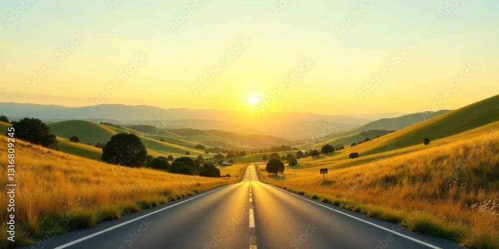Fototapeta premium Golden Hour Highway A scenic road journey through rolling hills bathed in the warm glow of a setting sun, offering a sense of adventure and freedom.