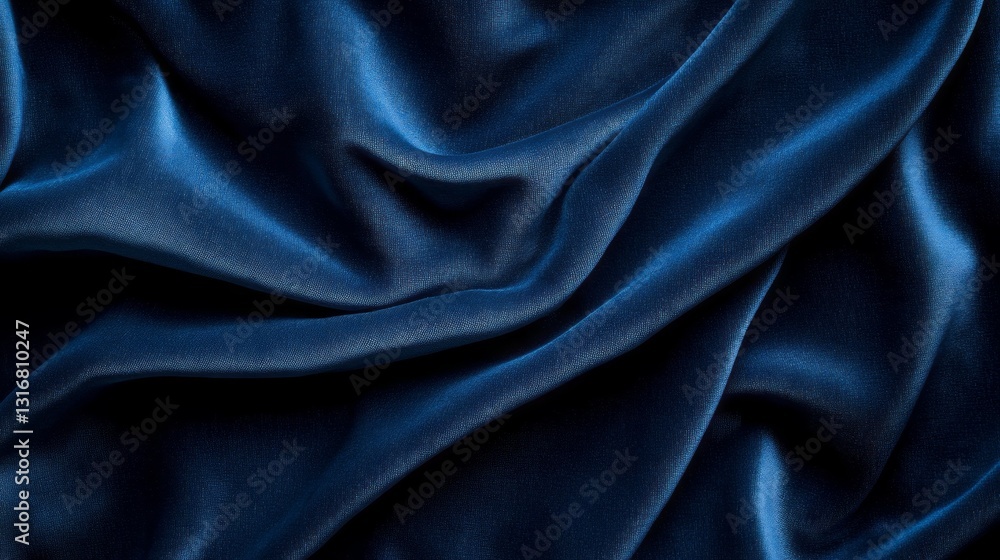 The deep blue satin fabric flows gracefully, showcasing its smooth texture and shimmering surface. Light dances across the folds, creating a luxurious visual experience in a tranquil environment The deep blue satin fabric flows gracefully, showcasing its smooth texture and shimmering surface. Light dances across the folds, creating a luxurious visual experience in a tranquil environment