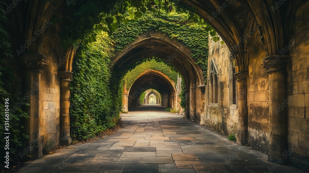 Naklejka premium Arched Passage: An enchanting view down a succession of arched stone passages, beautifully framed with lush ivy and soft natural light, creating a sense of depth and mystery.