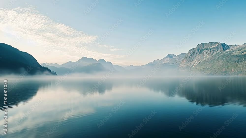 Beautiful Serene Lake with Fog and Mountain Reflection, Nature Scenery, Landscape Beautiful Serene Lake with Fog and Mountain Reflection, Nature Scenery, Landscape