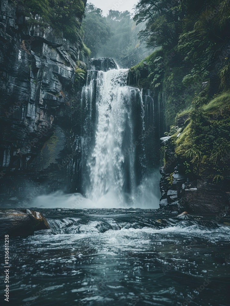 Naklejka premium Cascading wonder, Serene waterfall plunges through lush, rugged terrain
