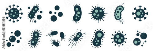 Bacteria, microbe, virus outline vector icon set. Microscopic bacterium and bacillus collection, isolated on white background.