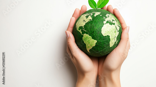 Hands holding green earth globe with growing plant: environmental conservation concept