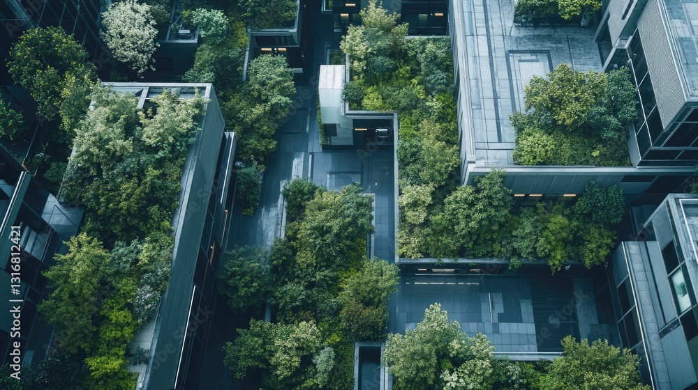 Lush greenery meets modern architecture, a thriving urban ecosystem Lush greenery meets modern architecture, a thriving urban ecosystem