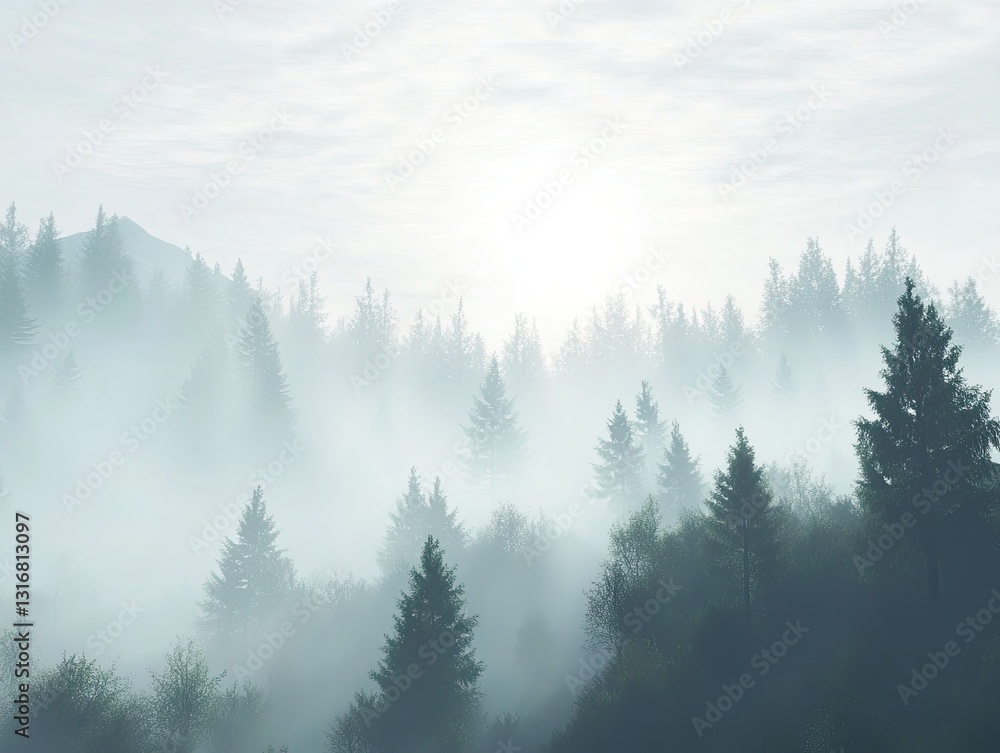 Ethereal forest landscape with morning fog and blurred silhouettes Ethereal forest landscape with morning fog and blurred silhouettes