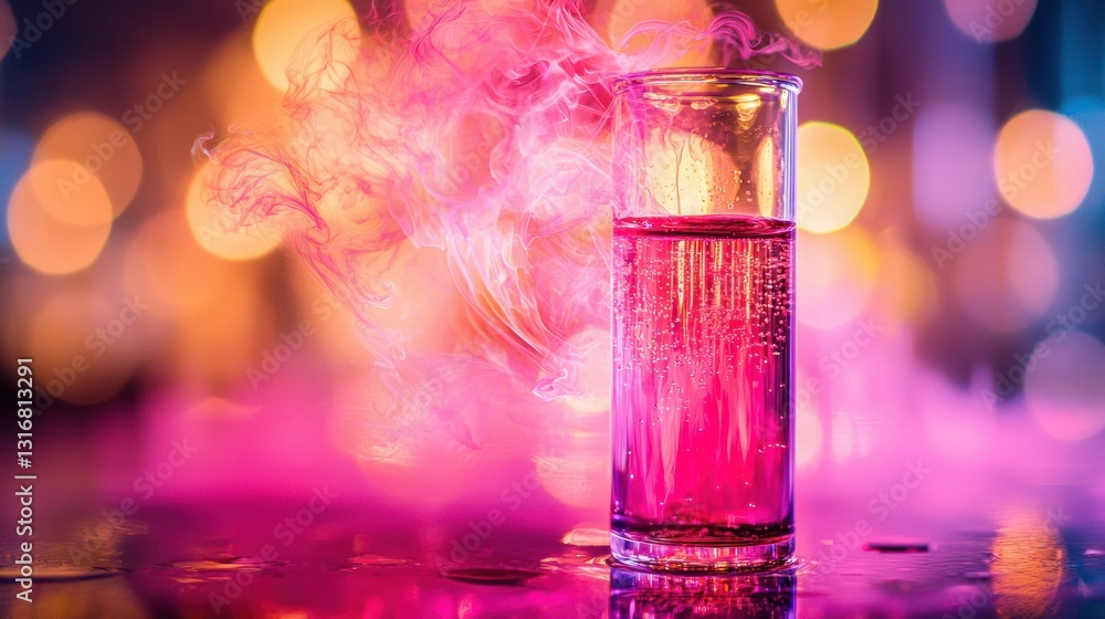 Radiant Magenta Liquid in Small Beaker with Ethereal Smoke and Bokeh Background Radiant Magenta Liquid in Small Beaker with Ethereal Smoke and Bokeh Background