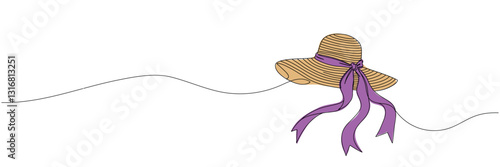 one continuous line of women's hat.one line drawing of hat with ribbon.single line vector illustration.isolated white background