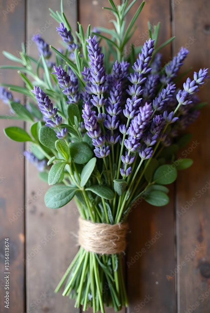 Fototapeta premium A rustic bundle of lavender and rosemary, tied with twine, rests on a weathered wooden surface, exuding natural