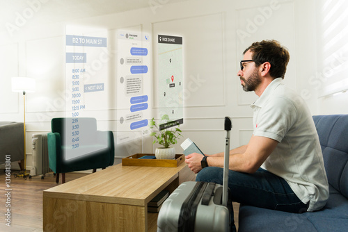 Wallpaper Mural Man wearing augmented reality glasses planning a trip using a virtual holographic display showing bus schedule, messages and ride share map Torontodigital.ca