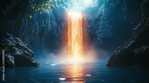 Wallpaper Mural A glowing portal opening under a waterfall, with light shining through the water into another world Torontodigital.ca