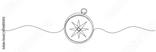 Single one line drawing compass for locating direction. Shipment and logistic concept. Continuous line draw design graphic vector illustration.