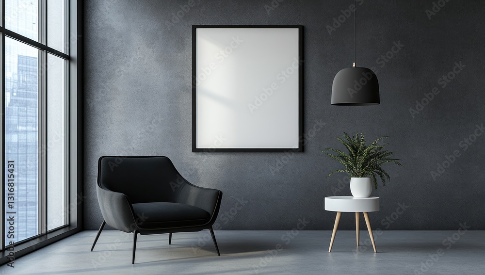 Fototapeta premium Modern minimalist dark grey room interior with armchair, poster mockup, plant, and lamp.