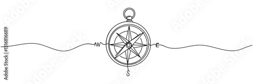 Single one line drawing compass for locating direction. Shipment and logistic concept. Continuous line draw design graphic vector illustration.