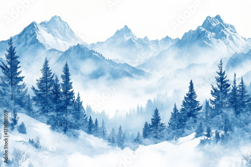 A breathtaking close-up illustration of snow-covered mountains with a focus on alpine trees.