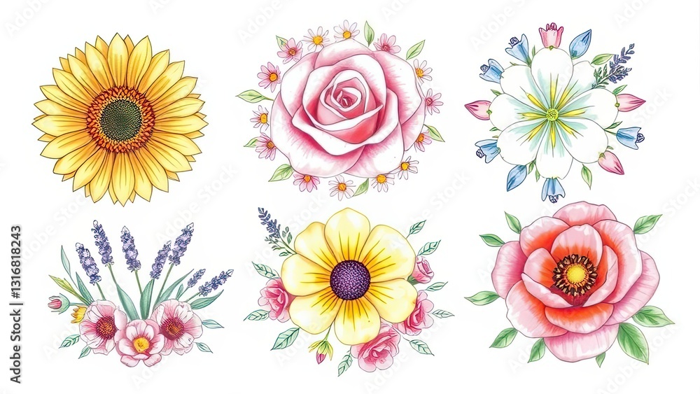 Fototapeta premium Beautiful Watercolor Floral Collection Sunflowers Roses Poppies More
