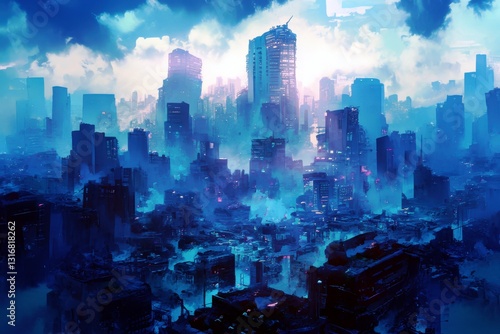 Futuristic Cityscape with Dim Lighting and Skyscrapers Rising Amidst Cloudy Skies and Urban Fog, Evoking a Sense of Mystery and Exploration