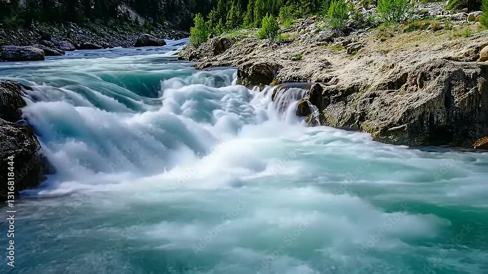 Rushing River Water Cascade Rapids Flowing Through Rocky Canyon Rushing River Water Cascade Rapids Flowing Through Rocky Canyon