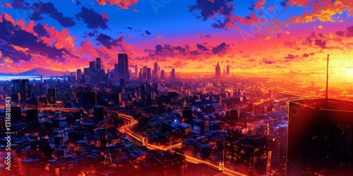 Vibrant Sunset Over a Urban Skyline with Dramatic Clouds and Colorful Reflections on Cityscape Streets