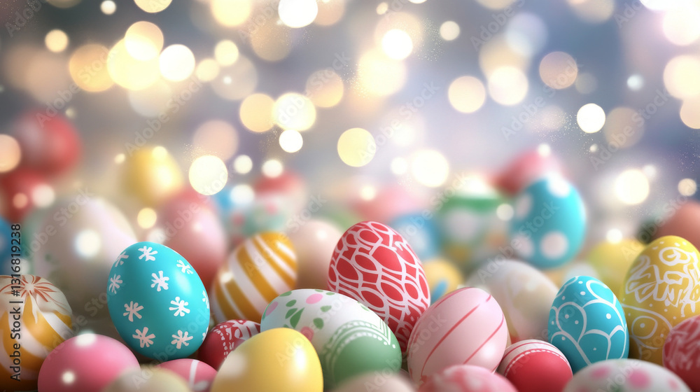 Colorful Easter eggs with intricate patterns on soft bokeh background, evoking festive springtime atmosphere. Colorful Easter eggs with intricate patterns on soft bokeh background, evoking festive springtime atmosphere.