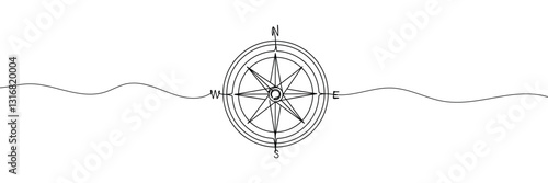 Single one line drawing compass for locating direction. Shipment and logistic concept. Continuous line draw design graphic vector illustration.