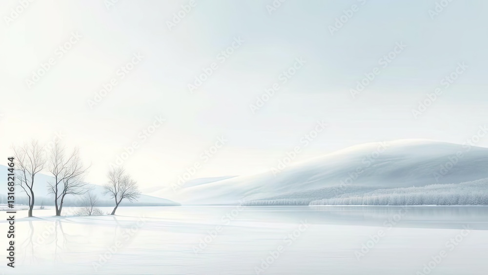 Serene Winter Landscape Frozen Lake Snow Covered Hills Bare Trees Serene Winter Landscape Frozen Lake Snow Covered Hills Bare Trees
