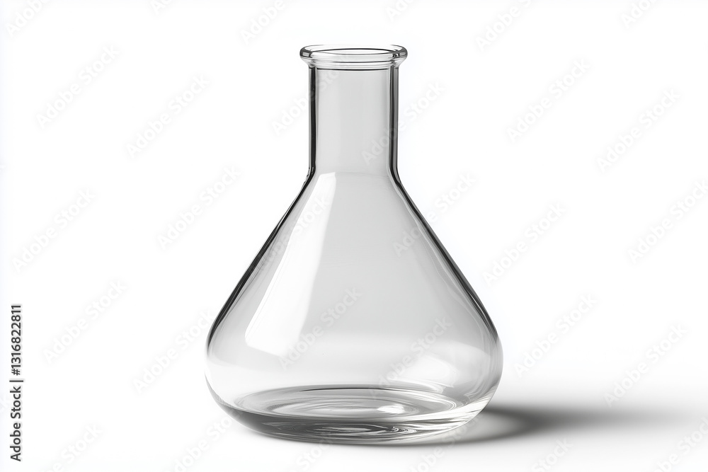 Close-up photo of an empty Erlenmeyer flask, emphasizing its design and clarity on a white background. Close-up photo of an empty Erlenmeyer flask, emphasizing its design and clarity on a white background.