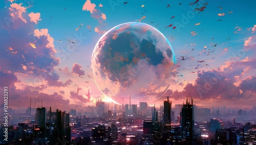 Vibrant Futuristic Cityscape Under Cosmic Sky with Large Planet and Colorful Clouds at Dusk, Illustrating a Dreamlike Sci-Fi Atmosphere